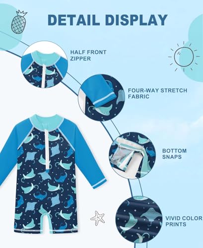 Image of BesserBay Baby Boy Swimsuit UPF 50+ Zip Front Long Sleeve Snaps Bottom One Piece Rash Guard 0-36 Months
