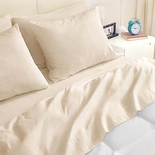 SLEEP ZONE Soft Sheets for Queen Size Bed, 4 Pieces Hotel Luxury Sheet Set, Easy Care Polyester Microfiber Cooling Sheet & Pillowcase Sets (Beige-Four Leaf Clove, Queen)