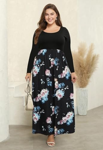 Image of Nemidor Women Plus Size Casual Maxi Dress Long Fall Pockets | Size 14-26 plus, elastic waist, long sleeve, round neck, loose, boho, curvy, winter, wedding, daily, vacation, work, holiday