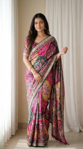 Image of Ajrakh Sarees for Women Roman Silk Ajrakh Print Saree for Woman with Mirror Work Border & Designer Pallu with Blouse Piece Multicolor Ethnic Wear (Rani)