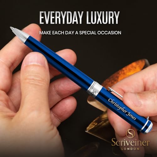 Image of Scriveiner Personalized Midnight Blue Ballpoint Pen - Stunning Blue Lacquer Luxury Pen, Chrome Finish, Schmidt Ink Refill, Best Engraved Ball Point Gift Set for Men & Women, Custom Name Engraving