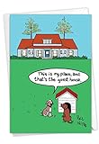 NobleWorks - 1 New Home Greeting Card - Funny Puppy Dog Cartoon, Big Doghouse New House Stationery...