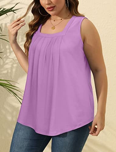 Image of Saloogoe Summer Tank Tops for Women Loose Fit Pleated Square Neck Sleeveless Tops Curved Hem Flowy