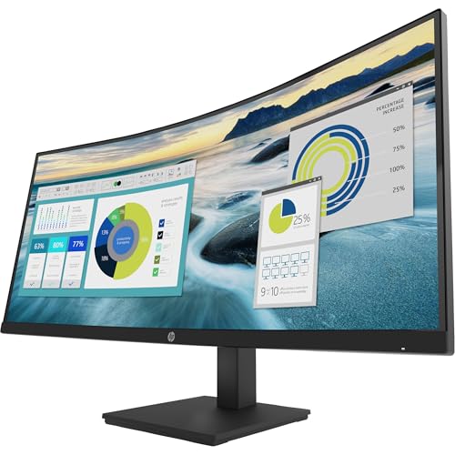Image of HP P34hc 34 inch WQHD Monitor with 5ms Response Time, Anti-Glare, Flicker Free, VESA Mount (100mm), Displayport, HDMI & Black Color (21Y56AA#ABA) 2 Pack with DKZ Hub & ErgoFlexy Dual Monitor Mount