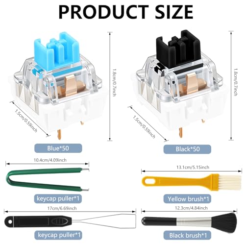 Image of 100 Pcs Mechanical Keyboard Switches with Remover Tool, 3 PIN Blue /Black Switch Replacement, Clicky Accurate Typing, Dustproof Keyboard Switch for Mechanical Gaming Keyboard (Blue+Black,100pcs)