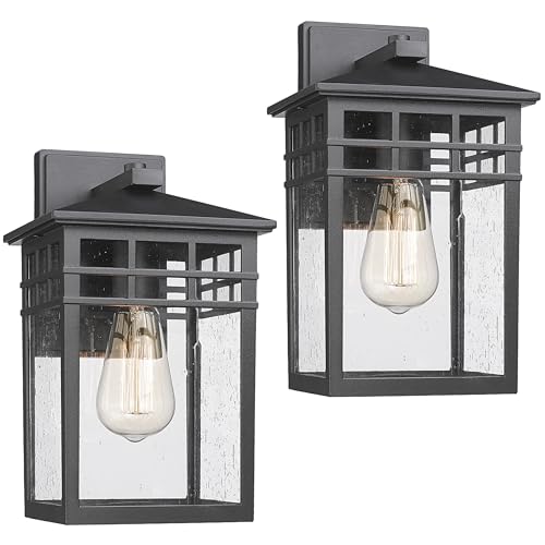 Diyel Outdoor Light Fixture Wall Mount, Modern Exterior Lights Fixture Wall Sconces with Seeded Glass for Front Porch, Farmhouse Waterproof Black Carriage Lantern Lamp Outside for Home, Garage, 2 Pack