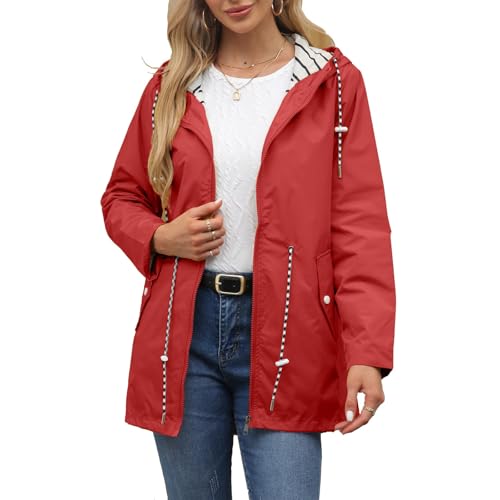 Chubasquero con capucha para mujer, de longitud media, para invierno, casual, para viajes, senderismo, viajes, gabardina ligera, Rojo, XL
