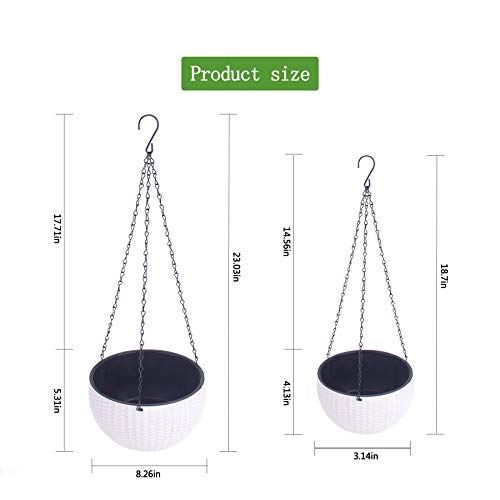2 Pack Hanging Basket Planters, 2 Size Self-Watering Hanging Planter with Drainer and Chain for Indoor-Outdoor (White)