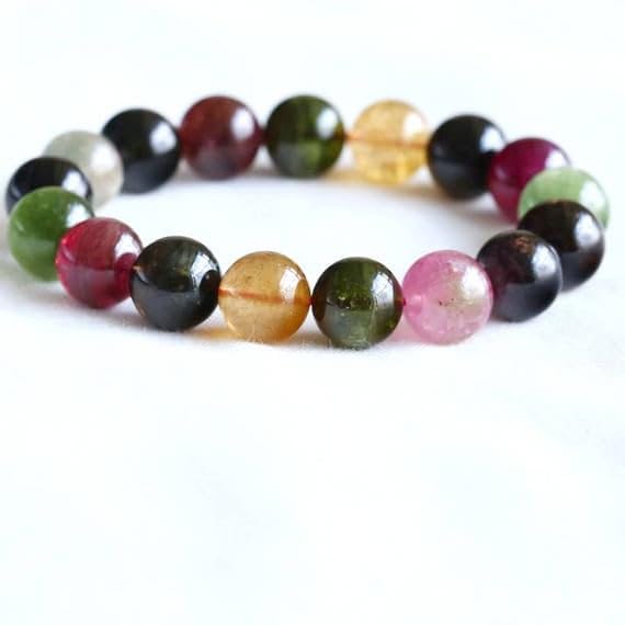 Tourmaline bracelet perles rondes 12mm multicolores, bijoux en pierre naturelle LKBEADS 05057