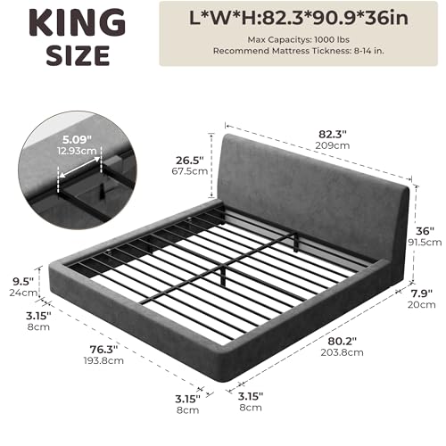 Image of RECCI AirFrame King Size Bed Frame with Ergonomic Angled Foam Cushioned Headboard, Minimalist Design Platform Bed Frame, No Box Spring Needed, Easy Assembly (Moon Grey)