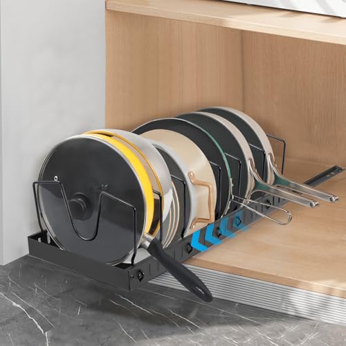 XIAPIA Pull Out Cabinet Organizer, Pots and Pans Organizer under Cabinet with 8 Adjustable Dividers, Pull Out Shelves for Kitchen Cabinets, Pot Lid Organizers inside Cabinet (Black, 1 Pack)