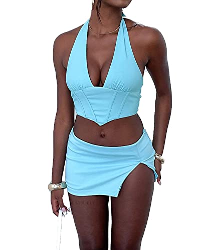 xxxiticat Women's Skirt Matching Set Halter Corset Bustier Crop Tank Top Mid Waist Split Skirt Two Piece Co-ords Suit Outfit