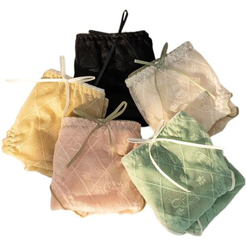 Lace Mesh Frilly Panties for Girls Cat Paw Decor Briefs Cotton Crotch Underwear Mid-rise Ruffled Trim,5-Pack