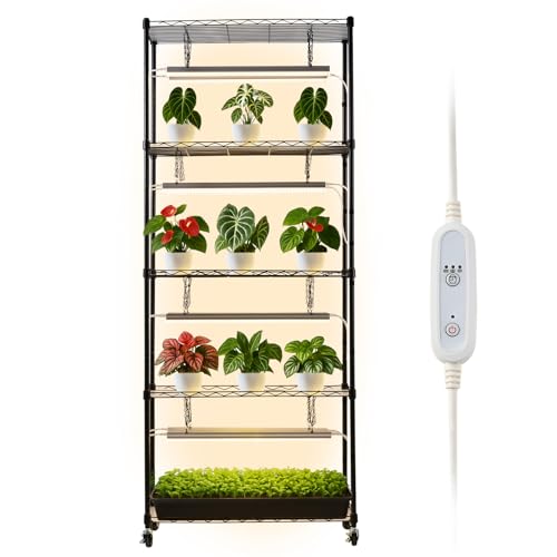 VEVOR Plant Shelf with Grow Light, 6-Tier Indoor Plant Stand, 71 in Tall Plants Display Rack with Wheels & 4/9/14H Timer, 80W T5 LED Full Spectrum Grow Lights, Flower Pot Holder for Seed Starting