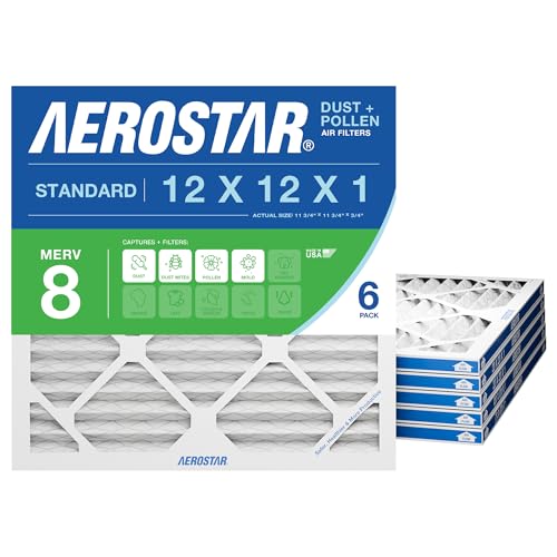 Aerostar 12x12x1 MERV 8 Air Filter, 6 Count, ACTUAL SIZE (11.75 x 11.75 x 0.75), HVAC, Air Conditioning & Furnace Filter Captures Dust, Lint & Pollen (MPR 600 / FPR 5), Made in USA