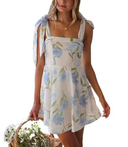 Image of Women Y2k Tie Shoulder Mini Dress Sleeveless Flowy Babydoll Dress Boho Floral Aline Short Sundress