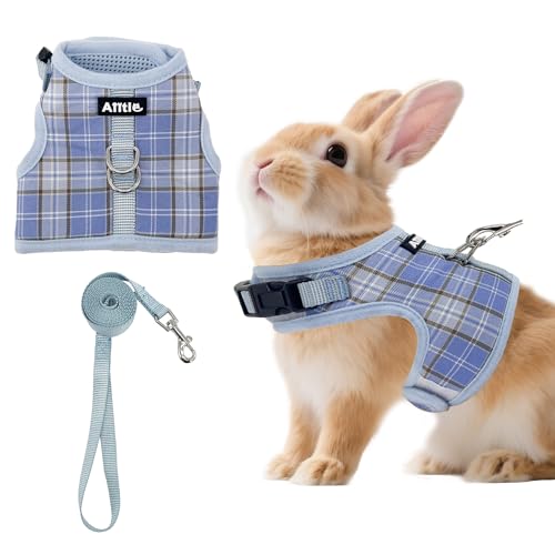 AIITLE Breathable Rabbit Harness and Leash Set - Plaid Pattern Padded Vest with Magic Tape Design Dual D-Rings Adjustable for Small Animal Pets Indoor Outdoor Training Camping Blue M