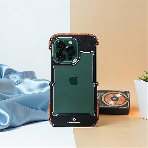 Image of MILLION CASES Back Cover Case for iPhone 15 Pro Shockproof Protective R-Just Aluminium Natural Wood Anti Shock Bumper Case for Men & Boys