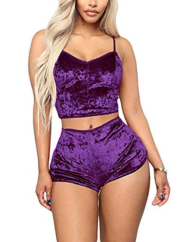 Springcmy Ensemble de pyjama 2 pièces sexy en velours pour femme avec bretelles spaghetti, caraco et short taille haute, violet, M