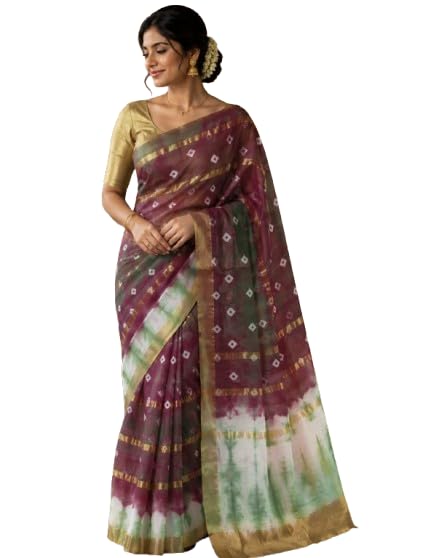 Cotton Saree with Blouse, Tie-Dye Print, 10 Patti Style, Multicolour-picture-26