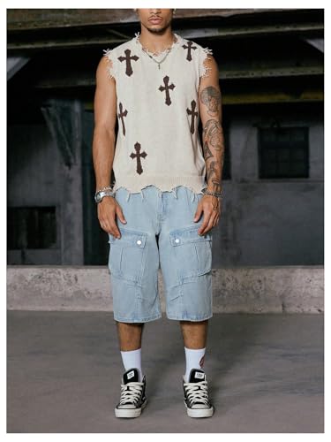 Men's Cross Graphic Sweater Vest Gothic Vintage Ripped Sweater Vest Lightweight Crew Neck Knit Tank Tops Streetwear3