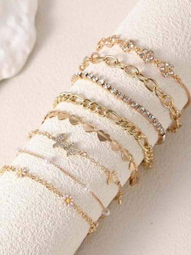 Heart Bracelets Set for Women, Chain Layered Bracelets Collection, Layered Cuba Beaded Chians for Your Wrist, Stackable Bracelet Stack Set, Adjustable Charm Link Bow Butterfly Heart Jewelry Sets2