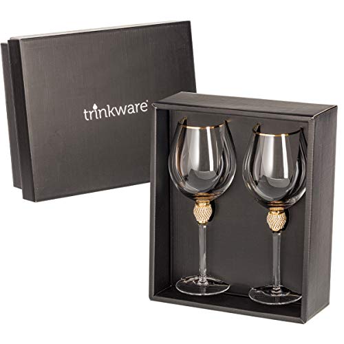 Trinkware 20001-RW Gold Rimmed Wine Glasses Set Of 2 - Rhinestone Champagne Flutes Diamond Studded thumb #1