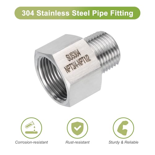 Image of uxcell 2 Pcs Pipe Fittings Reducer Adapter 1 /2 inch NPT Male Pipe x 3 /4 inch NPT Female Pipe Stainless Steel Adapter Pressure Gauge Connector for Oil Air Gas Hydraulic Systems