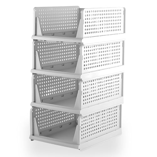 LARGE 26.0L | H18.5cm | 4 Pack Stackable Wardrobe Storage Drawers L43×W33×H18.5 cm each - Foldable Plastic Closet Organiser Baskets for Bedroom Bathroom Kitchen Space-Saving Foldable Design White
