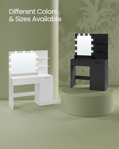 Image of VASAGLE Kailyn Collection - Vanity Desk with Power Outlets and LED Lights, 35.4-Inch Wide Makeup Table with Mirror, Drawer and Cabinet, for Bedroom, Ink Black URDT128C01S