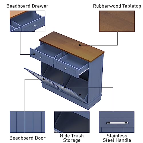 Tilt Out Trash Cabinet,Antique-Style Beadboard Kitchen Island with Solid Wood Tabletop & Drawer, Pet Proof Trash Can, Wood Laundry Cabinet (Blue, Double Door)