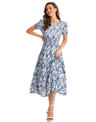 Image of Shineflow Women's Summer Casual Crewneck Floral Print Puff Short Sleeve High Waist Midi Flowy Tiered Dresses