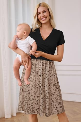 Image of OUGES Maternity Nursing Dress Breastfeeding Short Sleeve V Neck Casual Pregnancy Clothes with Pockets