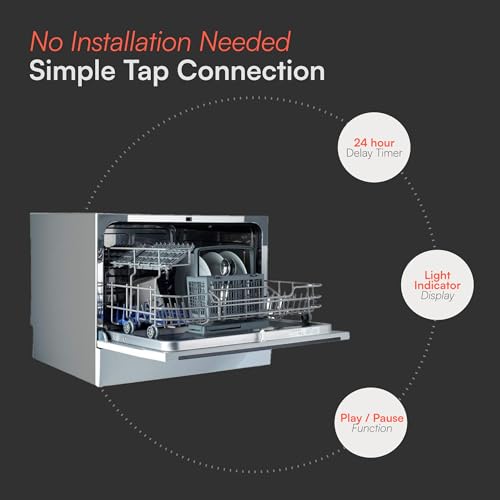 Cookology CTTD6WH Mini Counter Top Dishwasher In Silver - 6.5 Litre Capacity - Table Top - Compact Design - 6 Drying Settings - 7 Wash Cycles - Eco Friendly Mode - 3