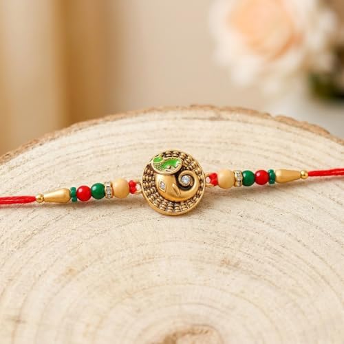 Image of Rakhi for Brother Combo of 2 Rakhi for Men with Fridge Magnet, Roli Chawal Best Wishes Greeting Card