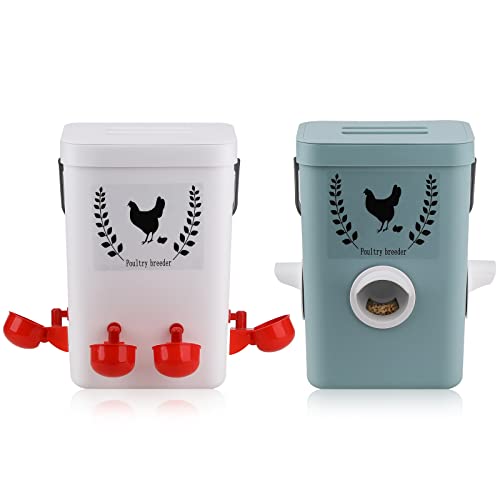 Auto Chicken Coop Feeder and Waterer, Waterproof Chicken Feeder No Waste Auto Chicken Drinker w/No Spill System Poultry Feeder & Drinking Bucket (White&Gray)