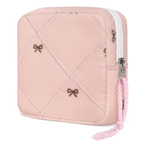 Image of Likesing Period Bag Pouch, Quilted Cotton Tampon Holder for Purse-Pink Bow | Quilted Period Pouches for Teen Girls, Women Portable Sanitary Napkin Storage Bag, Feminine Sanitary Bags Emergency Pad Pouch