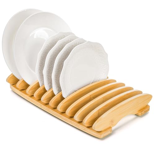 Dicunoy Bamboo Dish Rack, 10 Slots Wood Plates Stand Organizer for Cabinet, Vertical Dishes Holder for Pot Lids, Cutting Board, Kitchen, Sink, Countertop Storage and Organization