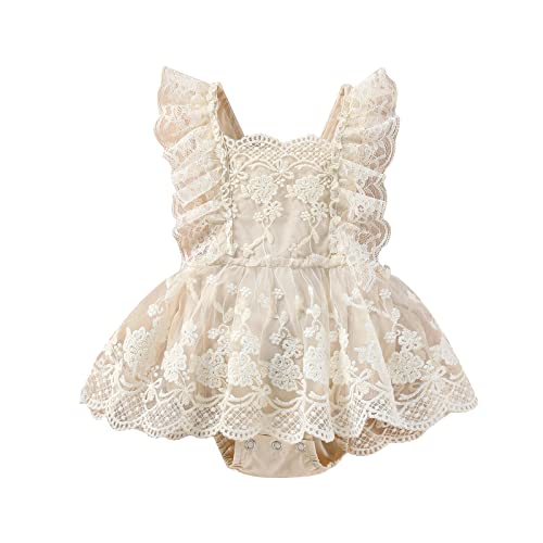 Neugeborenes Baby Mädchen Spitzen Strampler Rüschen Ärmellos Body Einteiler Prinzessin Bodysuit Tütü Kleid 1. Geburtstag Outfit Taufe Fotoshooting Kostüme Boho Romper Aprikose Spitze 6-12 Monate Cover