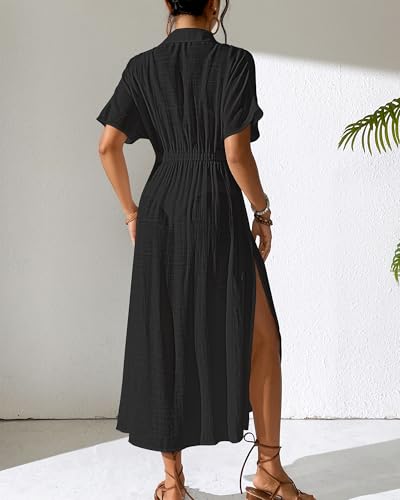 Bsubseach Women's Long Swimsuit Coverup 2025 Casual V Neck Beach Dress Short Sleeve Elastic Waist Swimwear Cover Ups3