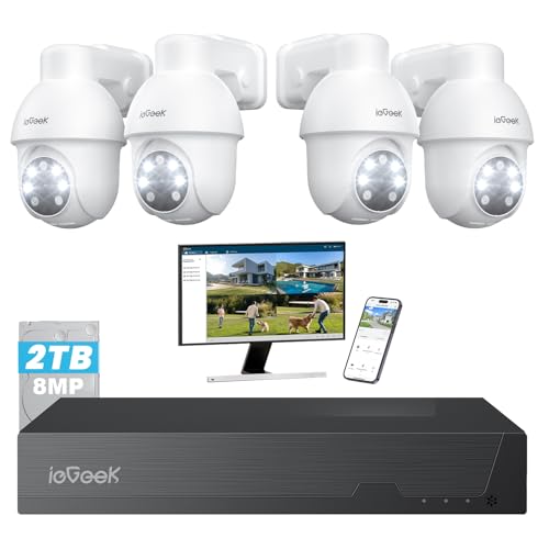 ieGeek【8MP+2TB HDD+360°PTZ】PoE Security CCTV Camera Systems with AI Human & Vehicle Detection, 4K Lite H.265+ DVR/NVR, 4PCS Home Security Cameras, Color Night Vision, Automatic Tracking, Remote Access