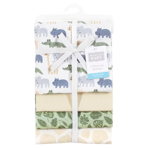 Image of Hudson Baby Cotton Flannel Receiving Blankets 4-Pack, Wild Leaf Safari, One Size