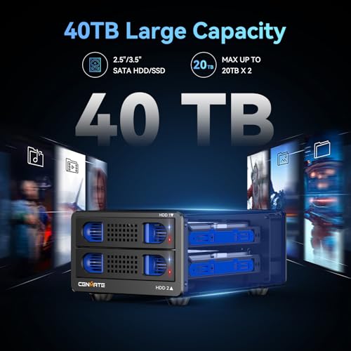 Image of 2 Bay RAID Hard Drive Enclosure with Fan for 2.5 /3.5 Inch SATA HDD /SSD with USB A /C 3.0 Cable, 3.5 Hard Drive Enclosure Supports 40 TB, 4 RAID Modes, Max 6 Gbit /s
