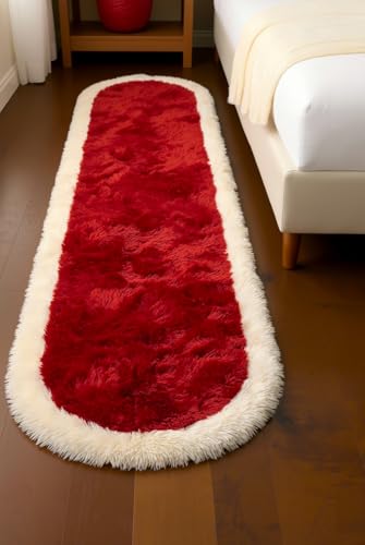 Image of Fluffy Silky Micro Fiber Polyster Carpet /Runner for Bedroom, Study Room, Playing Room, Guest Room ETC. 4x6 feet Feet, (Red and Ivory Side boder)