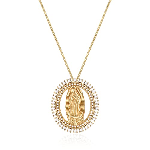 Hzman 14K Gold Plated Virgin Mary Necklace For Women Girls Cubic Zirconia Halo Dainty Classic Our Lady Of Guadalupe Amulet Pendant Jewelry Gift #TOP20