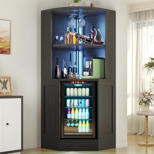 Corner Bar Cabinet with Fridge Space, Coffee Bar Cabinet with Mini Fridge Space, Tall Wine Cabinet with LED Lights, Glass Holder, Modern Liquor Cabinet with Power Outlets for Dining Room, Living Room