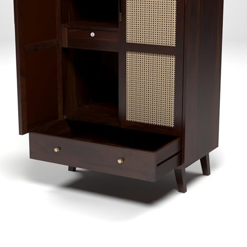 Image of PS DECOR Solid Sheesham Wood Wardrobe with Cane Rattan Doors | Modern Wooden Storage Almirah with Drawer | 2 Door Clothes Cabinet for Bedroom & Living Room (Walnut Finish)