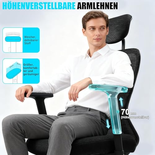 Milacyee Bürostuhl, Ergonomischer Bürostuhl mit Verstellbarer 4D Lendenwirbelstütze, Schreibtischstuhl mit Kopfstütze, Drehstuhl mit 90°-130° Liegefunktion (Abschließbar), Netzstuhl bis 150KG, Schwarz