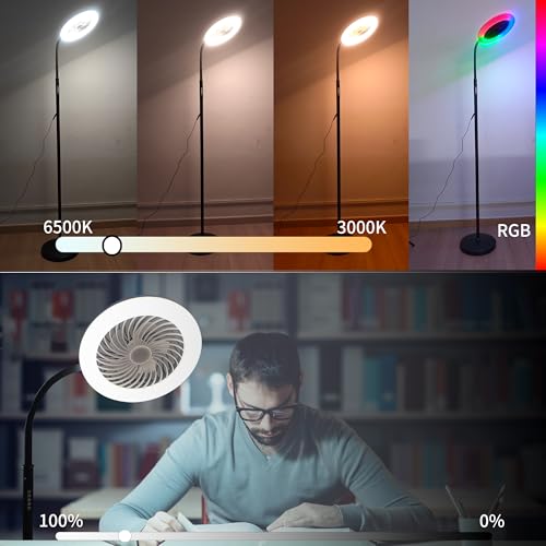 Image of Floor Fan with RGB Lights and Remote, 3 Speeds Standing Floor Lamps with Button, Vertical LED Fan, 3000K-6500K Stepless Dimming for Office Kid Room Bedroom, Adjustable Height
