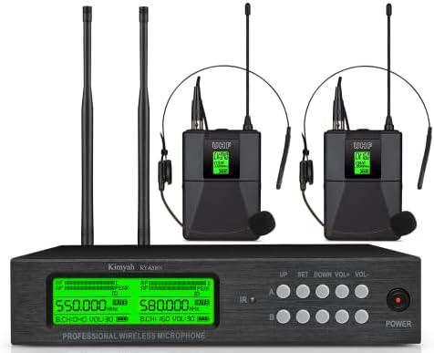 Kimyah Wireless Headset Microphone System, Dual UHF 200 Channel Bodypack Microphone, 328ft Coverage Wireless Microphones Systems, 2 Lavalier & Headset Microphones, Cordless Mic